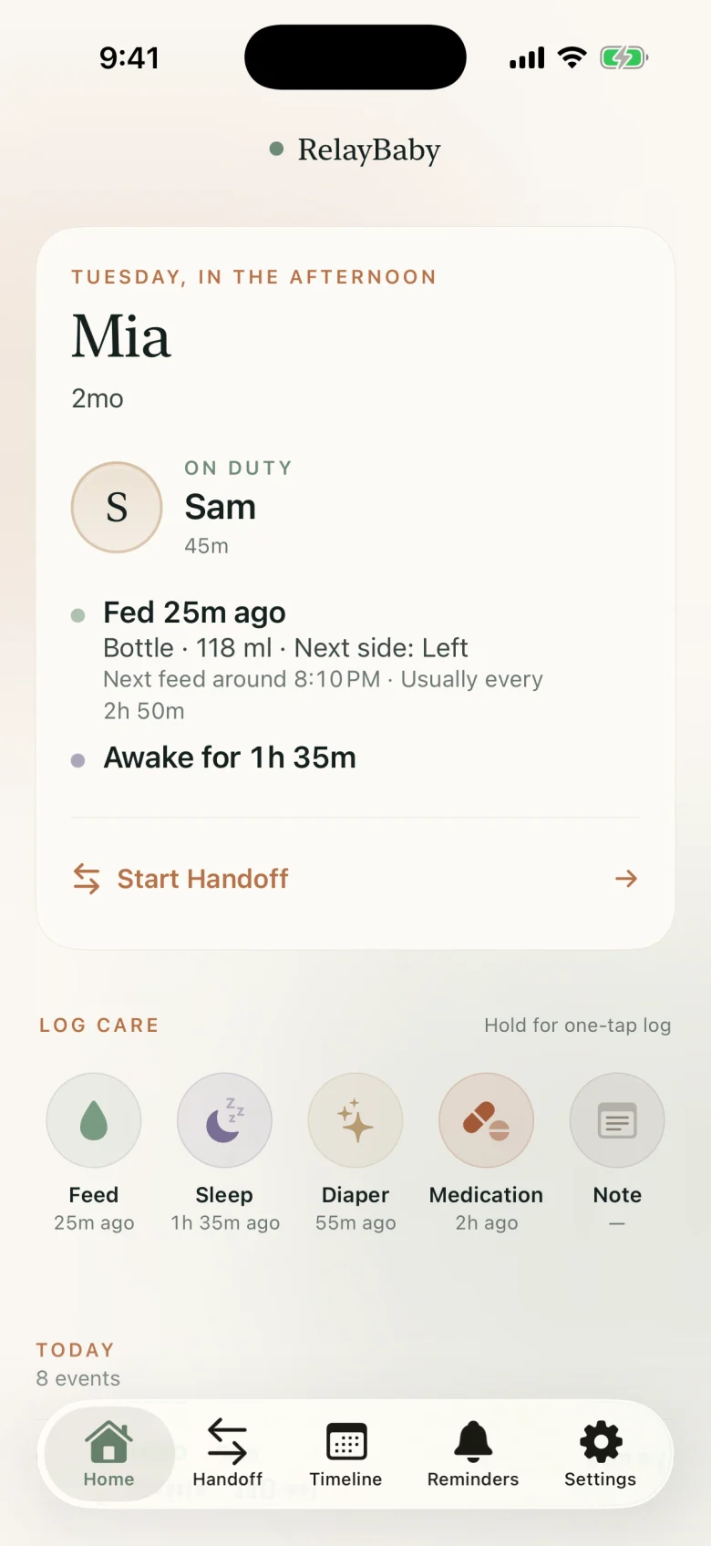 RelayBaby home screen on iPhone: Sam is on duty, the baby was fed 25 minutes ago, with one-tap buttons to log a feed, sleep, diaper, medication or note