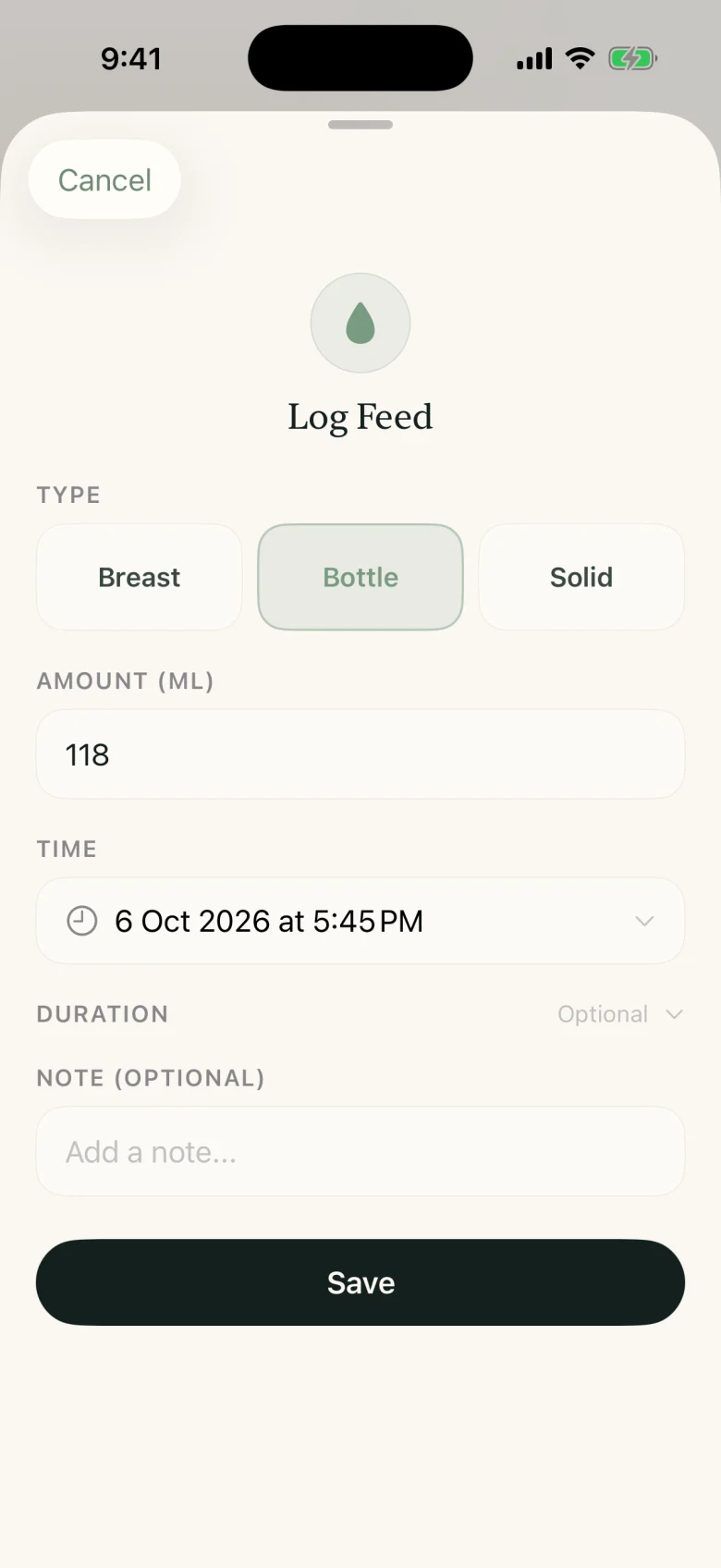RelayBaby Log Feed screen on iPhone with Breast, Bottle and Solid options, an amount, a time and an optional note