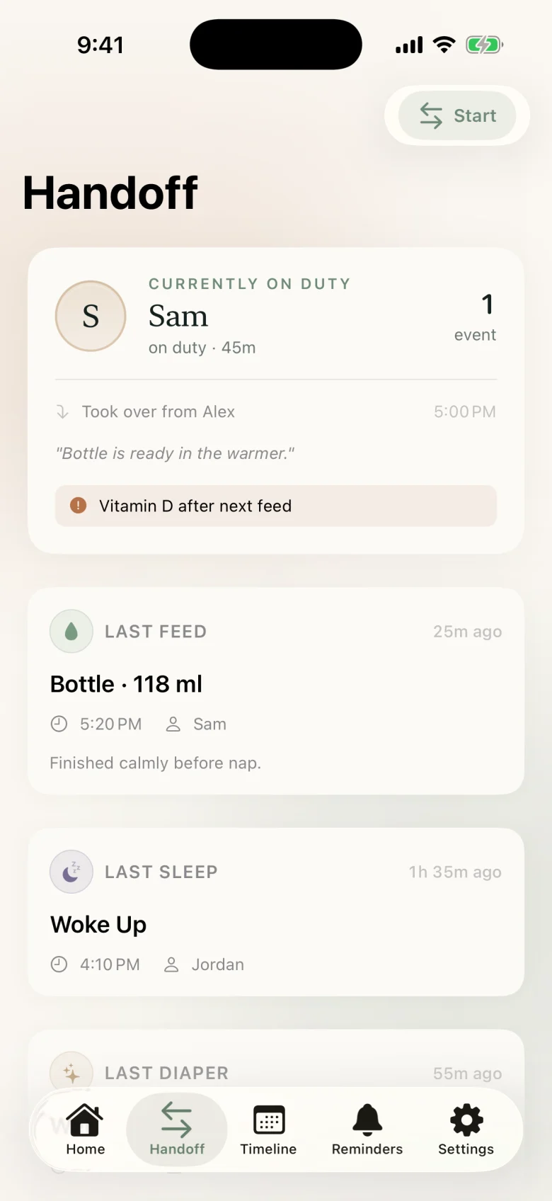 RelayBaby handoff screen on iPhone: who is on duty, the note left by the previous caregiver, an open reminder, and the last feed, sleep and diaper