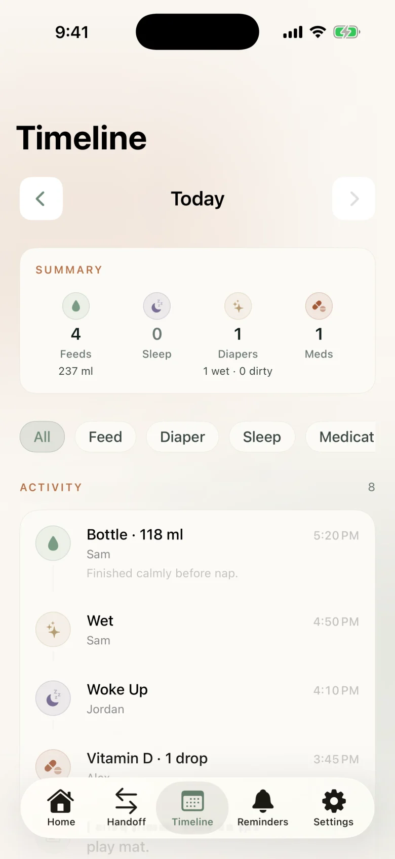 RelayBaby shared timeline on iPhone: a daily summary of feeds, sleep, diapers and meds above a list of entries showing which caregiver logged each one